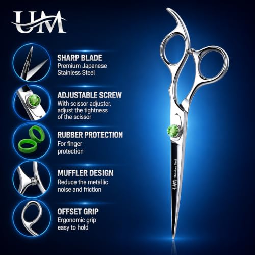 UM Supplies 6.5" Silver-Green Barber Scissors - Multi-Purpose Hair Shears