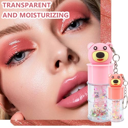 6 Pcs Hydrating Shimmer Lip Gloss Set with Cute Bear Keychain Design