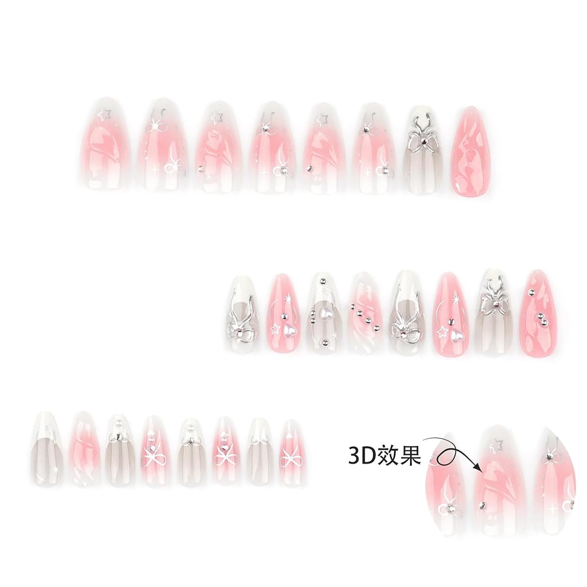 Press On Nails - Medium Almond Gradient Pink & White with Silver Bow | Reusable 3D Rhinestone Design, 24 Pcs for Weddings & Parties