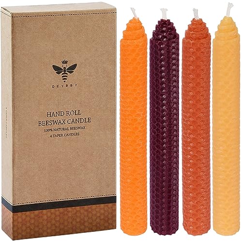 Hand-Rolled Beeswax Taper Candles - Set of 4, 8" Natural Beeswax
