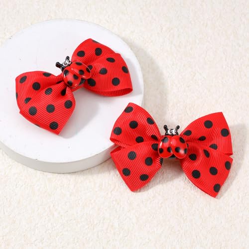 Ladybug Hair Clips for Girls - Red Polka Dot Bow Barrettes (2 Pcs)