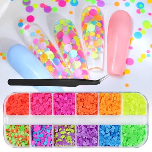 BLGTGH YHN09 12-Color Fluorescent Circle Nail Glitter Sequences for Nail Art