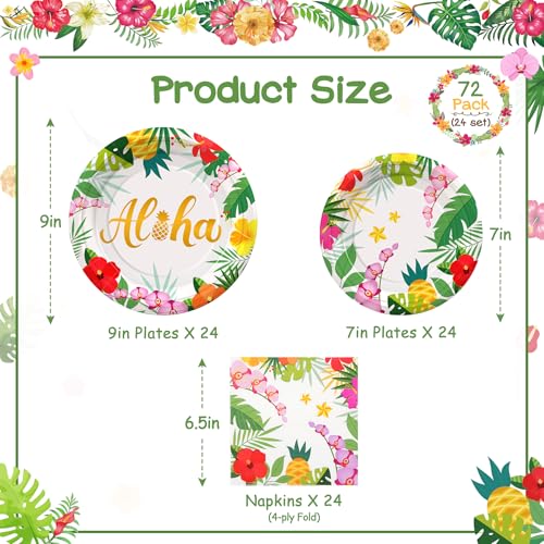 Hawaiian Tropical Party Plates & Napkins Set - 72PCS for 24 Guests