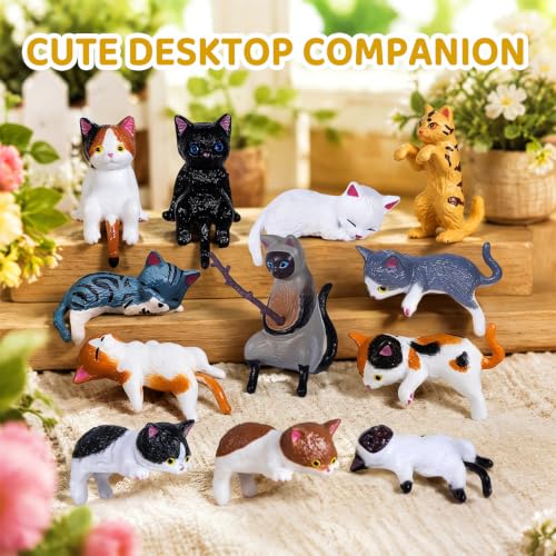 12 Mini Resin Cat Figurines Set - Cute Collectible Decor for Home & Office