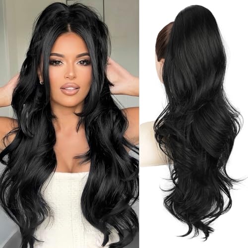 BOGSEA 26'' Black Drawstring Ponytail Extension - Wavy Synthetic Hair
