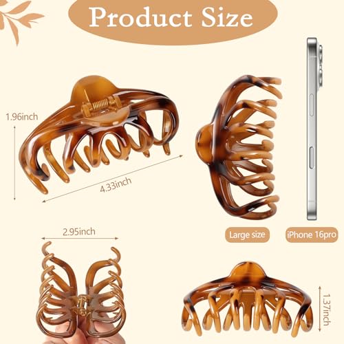 Large Tortoise Shell Claw Clips for Thick Hair - 4 Pack, Non-Slip Hair Accessories