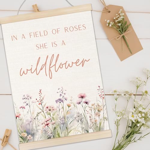 Boho Floral Girl Nursery Poster with Wooden Hanger - 12x16