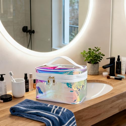 TotePrint Holographic Blue Waterproof PVC Makeup Bag - Travel Organizer