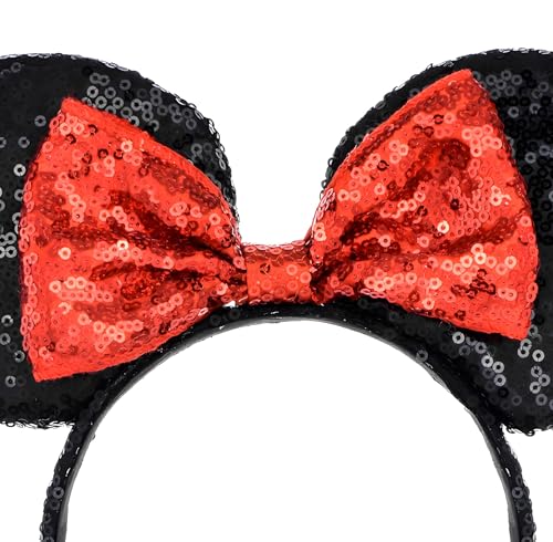 A Miaow Sequin Mouse Ears Headband with Red Bow - Black & Red Party Hair Accessory