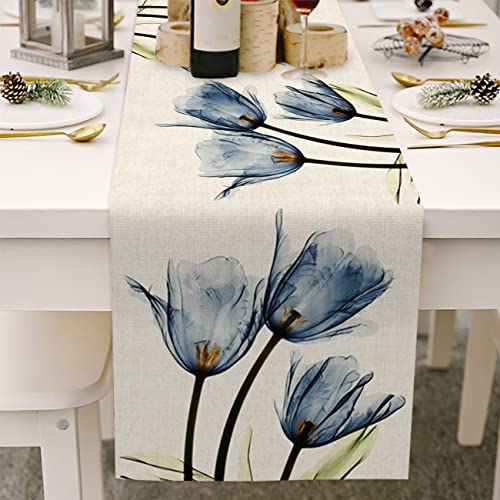 Floral Linen Table Runner - Tulip Blue, 13x72 Inch for Dining Decor