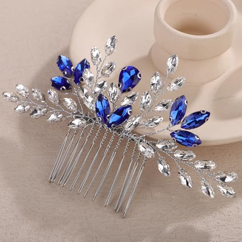 Handmade Silver & Blue Rhinestones Hair Comb for Weddings