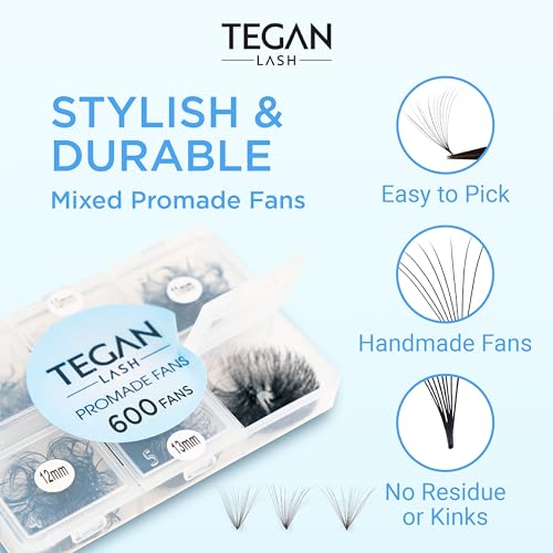TEGAN LASH 600 Promade Volume Fan Eyelash Extensions, 10D Mixed Lengths