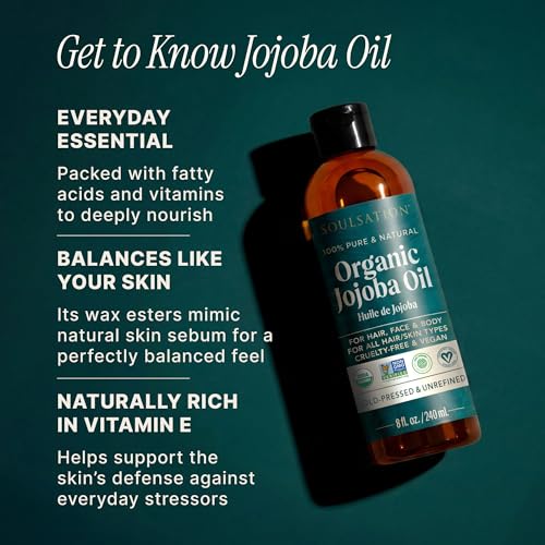 SoulSation Organic Jojoba Oil for Skin Hair Face 8oz - Pure Cold Pressed, Non-GMO, Vegan