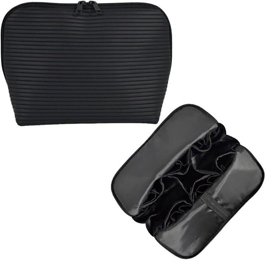 Travel Makeup Bag - Waterproof Stand Up Cosmetic Organizer with Brush Holders | Large Black Design for Skincare & Toiletries