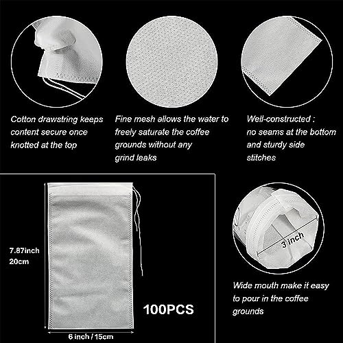 100 No Mess Cold Brew Coffee Bags with Drawstring - 6'' x 8''