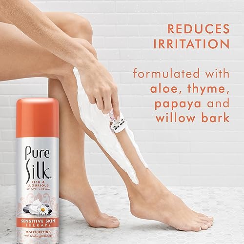 Pure Silk Sensitive Skin Shaving Cream for Women | Shave Cream Infused with Aloe, Papaya and Willow Bark | Smooth Glide Formula, Rust-Proof Can, USA Made | 7.25 Oz (Pack of 6)