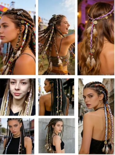 Zonvard 24-Inch Boho Feather Braid Hair Wraps - 3-Pack (Purple, Gray, Pink)
