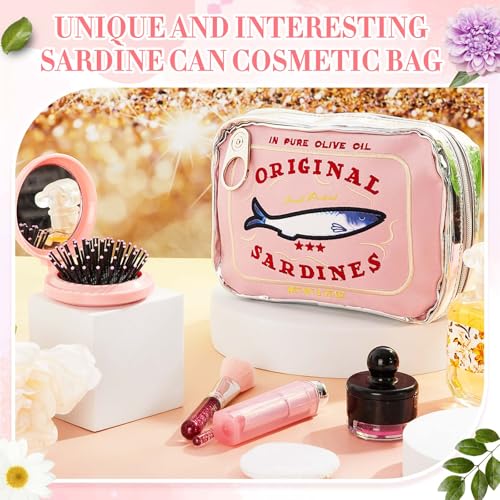 Reginary Pink Sardine Makeup Bag with Folding Mirror & Brush Set