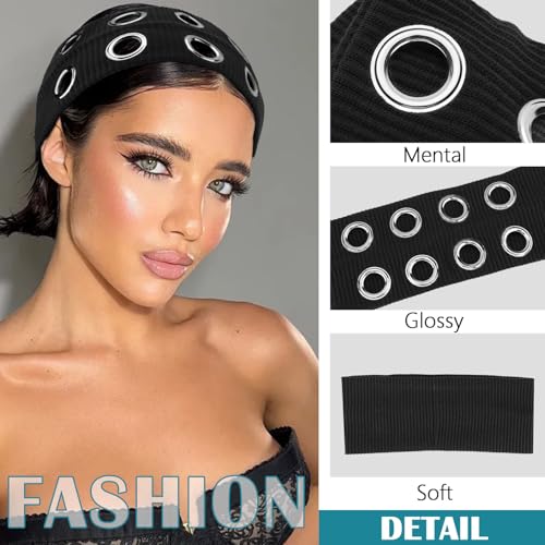 Aushamtai Black Hollow Out Grommet Headband for Women Girls Y2K Punk Grunge Fashion