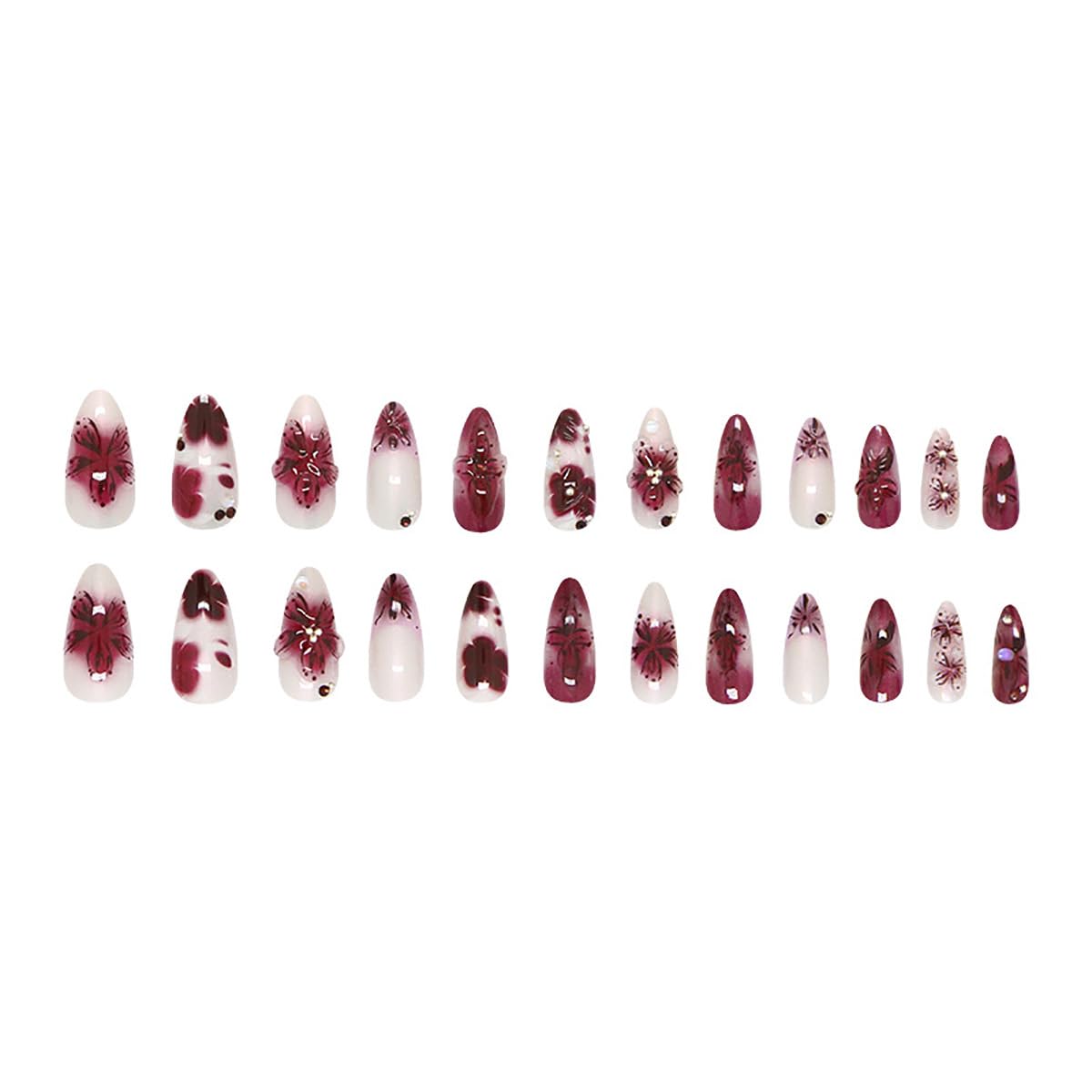 Floral Press-On Nails - 24Pcs Medium Almond Fake Nails with Rhinestones | Purple Full Cover Spring Acrylic