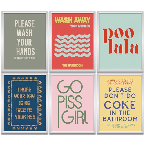 Funny Bathroom Wall Art Prints - 6 Piece Set, 8x10 Unframed