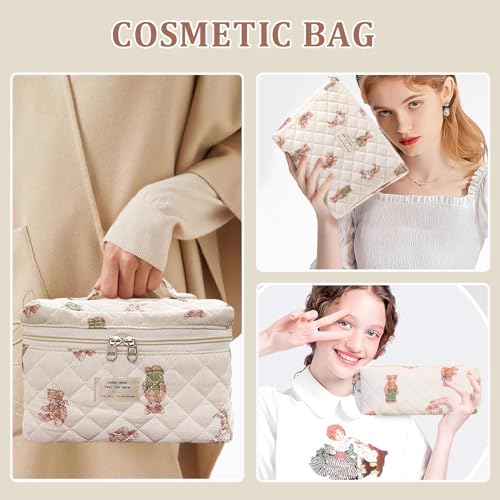3 Pcs Floral Cotton Makeup Bag Set - Aesthetic Travel Organizer (Bear)