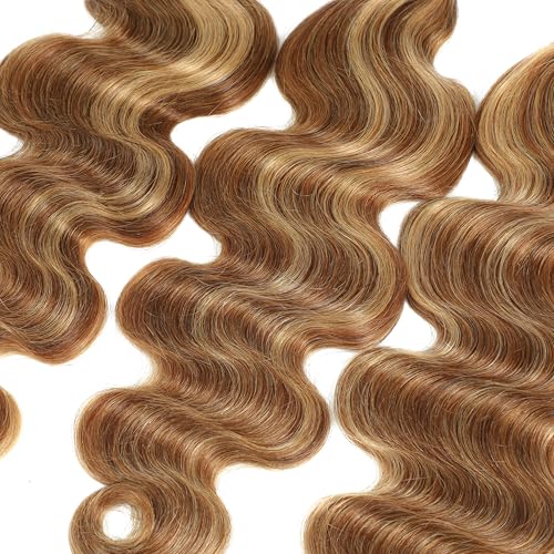 Seekomi Ombre 4/27 Body Wave Bundles Human Hair 14 16 18 20 Inch 12A 100% Virgin Highlight Colored Brown and Blonde 4 Bundles Double Weft Quick Weave for Women, 400g