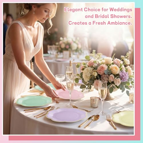 60 Pastel Paper Plates, 7-Inch Scalloped Dessert Plates with Gold Rim