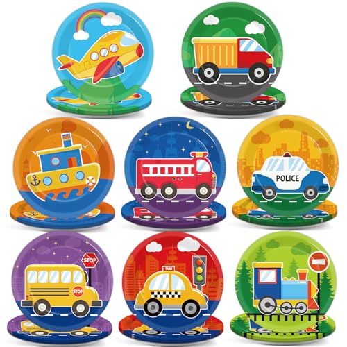 48-Pack Transportation Paper Plates - 7-Inch Car Birthday Party Tableware