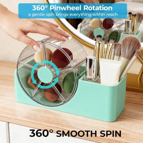 Seafoam Hair Accessories Organizer with 2-Slot Brush Holder & 5-Section Rotating Wheel for Kids & Girls