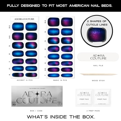 Adora Couture Constellation Semi Cured Gel Nail Strips Kit – 30 Pieces, UV Light Needed