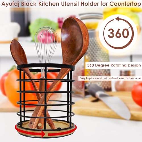 360° Rotating Black Kitchen Utensil Holder - Large 5.2" x 6" Caddy