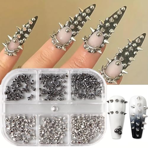 Colorful 12Pcs Gothic Punk Nail Charms Set with Metallic Rivets & Spikes - Silver Black