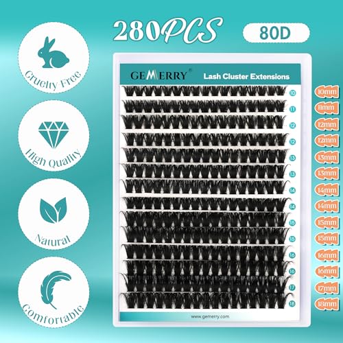 GEMERRY D Curl Lash Clusters 280pcs - Wispy Volume Eyelash Extensions for Beginners
