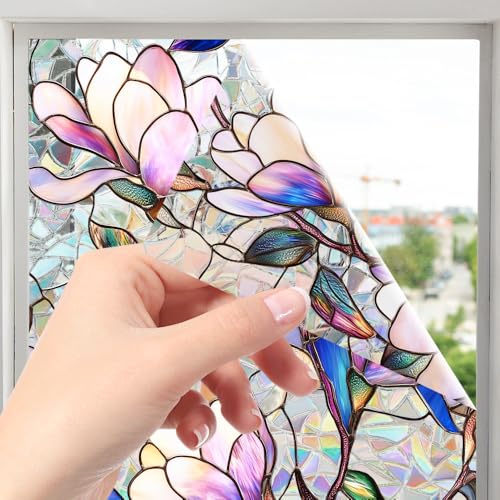 Purple Magnolia Stained Glass Window Film | Static Cling Privacy Decor