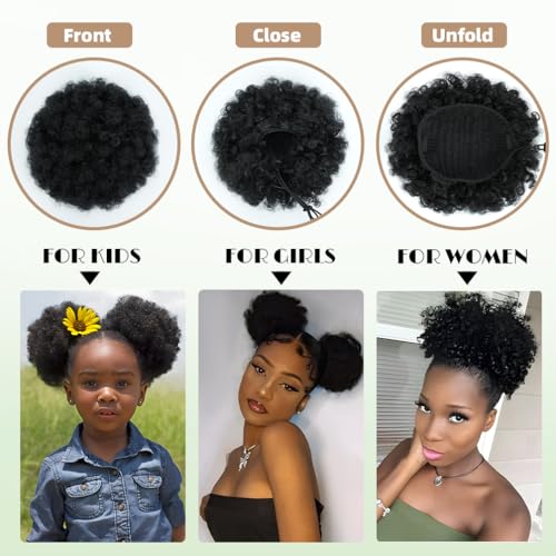 Quesdom Afro Puff Ponytail Extension Synthetic Black 80g Drawstring Clip-In for Black Women (1B Black)