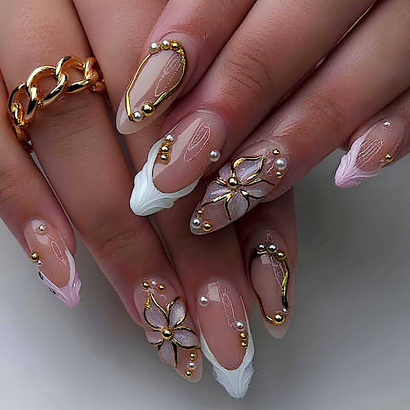 Almond Press-On Nails - Ombre French Tip with Butterfly Designs | 24 Pcs Set for Women