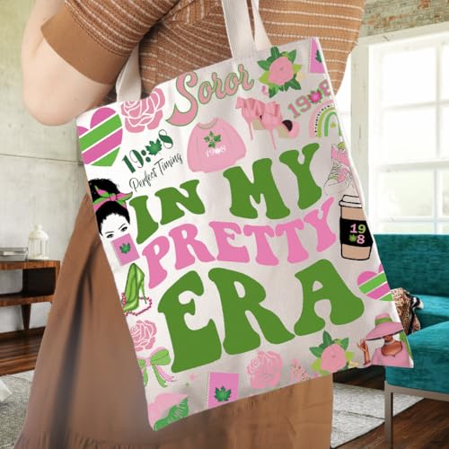In My Pretty Era Pink and Green Sorority Canvas Tote Bag