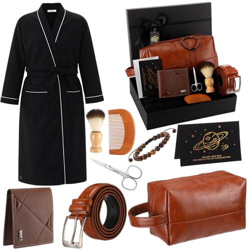 Shyyween 10 Pcs Birthday Gifts Baskets for Men Father Gift Get Well Soon Gifts Beard Care Set Graduation Gift for Him with Bathrobe, Wallet, Beard Comb & Brush Set for Dad Boyfriend Husband(Brown)