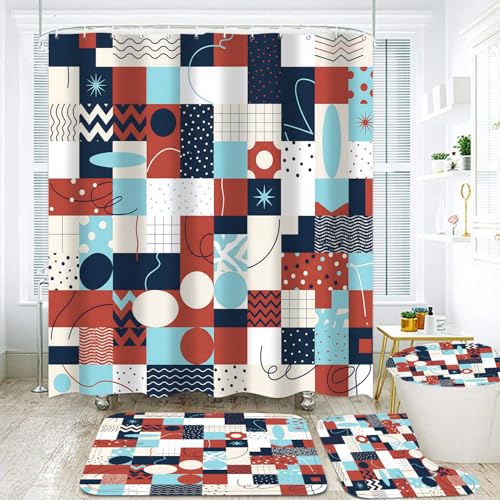 LQCOOL Geometric Patchwork Shower Curtain Set with Rugs & Hooks