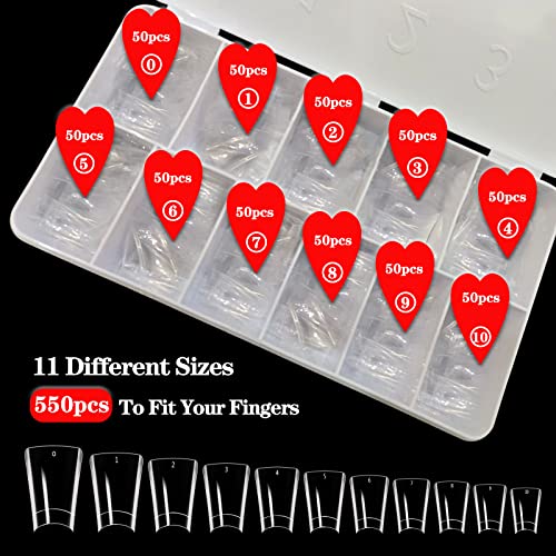550PCS Clear Half Cover Duck Nail Tips for Acrylic Nails, Short Curved French Fake Tips, 11 Sizes for Nail Art