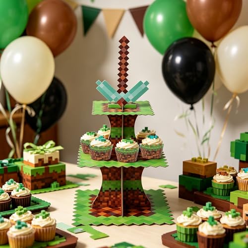 3-Tier Pixel Art Cupcake Stand with 24 Liners for Gaming Parties