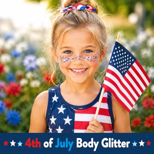 4th of July Body Glitter Stick, Red White and Blue Accessories, Patriotic Hair Face Glitter Makeup for Women Kids, Fourth of July Outfits and Decorations for 250th Independence Day, Memorial Day