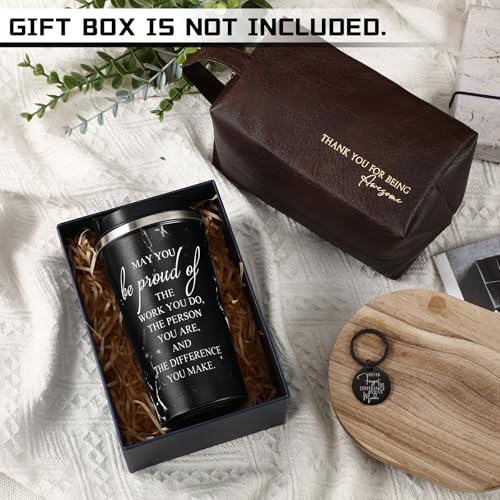 Thank You Gift Set for Men 17 oz Tumbler with Lid + Leather Toiletry Bag, Obsidian Style + Inspirational Keychain (Roshtia)