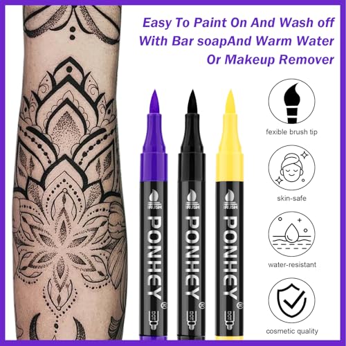 Ponhey Multicolor 24 Body Markers & 67 Tattoo Stencils Skin-Safe Face Paint Kit for Teens & Adults