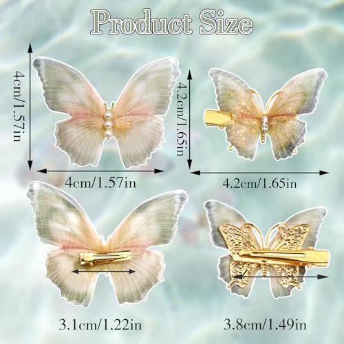 SAWINDA Gold Butterfly Hair Clips Set – 8pcs Tulle Rhinestone Hair Barrettes for Girls & Women, Moving Wings, Fairy Accessories