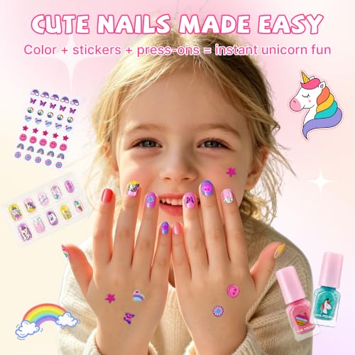 Kids Unicorn Nail Polish Kit - Water-Based Peel-Off Colors, Stickers & Press-On Nails