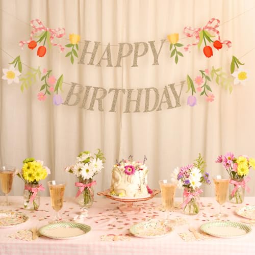Floral Happy Birthday Banner | Garden Party Decor with Gold Glitter