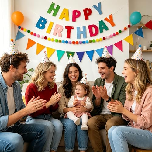 Happy Birthday Banner Set - Multicolor Felt Garland & Pom Poms