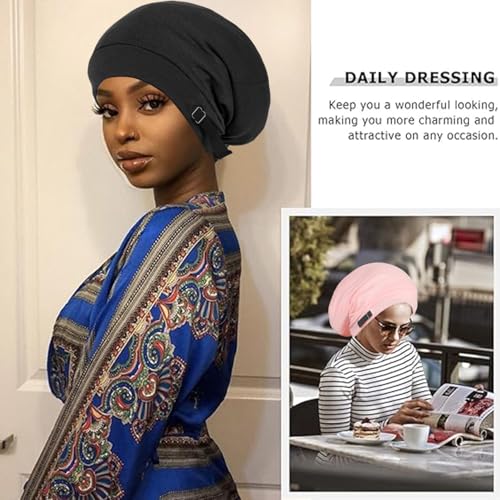 6LK Black Satin Lined Bonnet Sleep Cap for Curly Hair & Braids